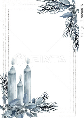 Christmas monochrome invitation and card watercolor template with blue candles ,pine and mistletoe branches. Floral new year frame for gift packing decor, poster, new year party invitation design 119096613