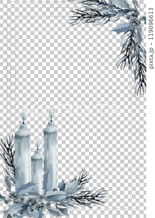 Christmas monochrome invitation and card watercolor template with blue candles ,pine and mistletoe branches. Floral new year frame for gift packing decor, poster, new year party invitation design 119096613