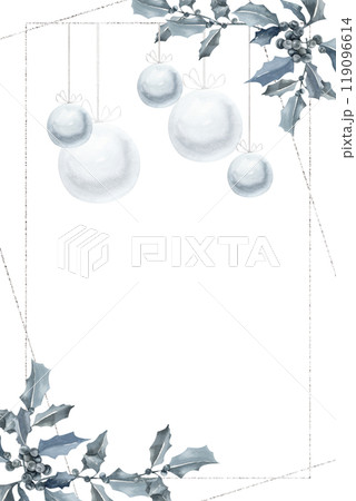 Christmas greeting card watercolor template with silver pine tree balls and mistletoe branches. Monochrome winter season banner, frame for new year celebration card, poster, decor 119096614