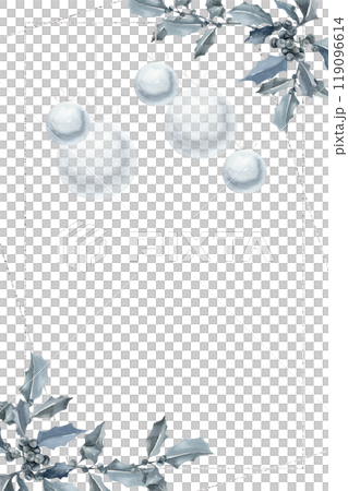 Christmas greeting card watercolor template with silver pine tree balls and mistletoe branches. Monochrome winter season banner, frame for new year celebration card, poster, decor 119096614