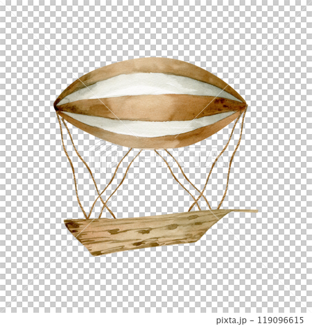 Watercolor vintage hot air balloon clip art .Hand drawn kid's transport illustration, balloon with basket in beige colors for room poster, toy packing, stationery ,textile design 119096615