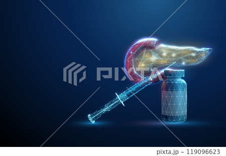 Syringe on a bottle with human pancreas. Healthcare protection medical concept. Pancreas treatment concept. Syringe on a bottle with human pancreas. Healthcare protection medical concept. Pancreas treatment concept. 119096623