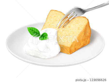 生クリームを添えたシフォンケーキをフォークで食べる 弾力 ふわふわ 生クリームを添えたシフォンケーキをフォークで食べる 弾力 ふわふわ 119096626