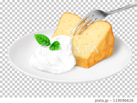 生クリームを添えたシフォンケーキをフォークで食べる 弾力 ふわふわ 生クリームを添えたシフォンケーキをフォークで食べる 弾力 ふわふわ 119096626