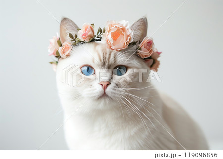 Fluffy white cat with big blue eyes and pink flowers wreath on its head. Beautiful british cat wearing a crown of flowers. Light gray isolated background. Portrait of charming feline. Wedding, bride. 119096856