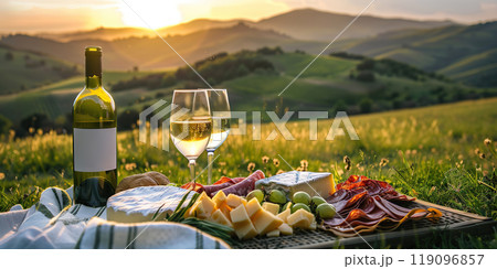 Beautiful served romantic picnic at summer sunset meadow. Green valley hills view. Provence. Still life. Bottle of white wine, two wine glasses, cheese, prosciutto. Rural countryside winemaking region 119096857