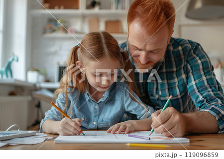 Dad and daughter are doing their homework. Young Father helping little girl with class work. Family spending time together, drawing, learning. Single father teaching child to read, write. Parents help 119096859