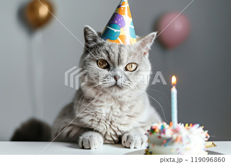 Birthday cat. Cat wearing party hats blowing out candles on birthday cake. happy anniversary concept. Tabby big feline looking at cake with candle sitting at the dining table at home. Happy birthday 119096860