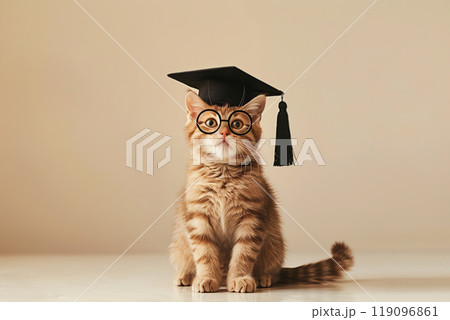 Cute domestic cat wearing a graduating hat and black round glasses sitting on a beige studio color background. Front view, wide banner. Smart clever kitten. Education, back to school, graduate concept 119096861