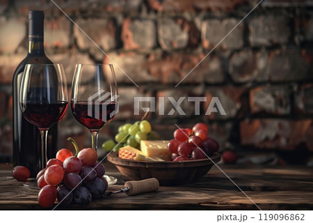 Wine tasting in the wine cellar. Bottle of wine, glasses, cheese, prosciutto and grape vine on wooden table in winery vintage shop. Brick wall in background. Beautiful served still life. Winemaking 119096862