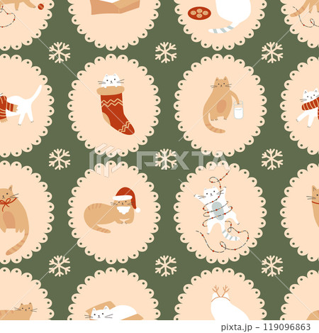 Christmas cats seamless pattern. Vector funny pets on the winter holiday at home. Cute kitties. 119096863