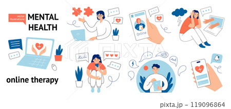 Online therapy vector illustrations collection in flat cartoon style. Perfect for mental health, virtual counseling, and psychological support themes. Therapist, meditation, and treatment process Online therapy vector illustrations collection in flat cartoon style. Perfect for mental health, virtual counseling, and psychological support themes. Therapist, meditation, and treatment process 119096864
