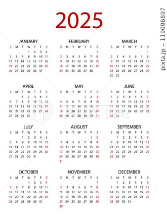 Calendar for 2025 on white background Calendar for 2025 on white background 119096897