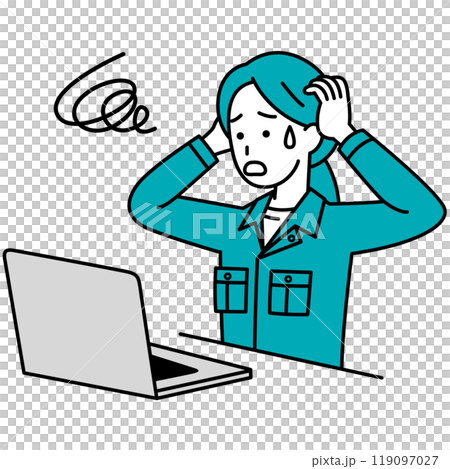 A female worker working on a laptop computer having trouble 119097027