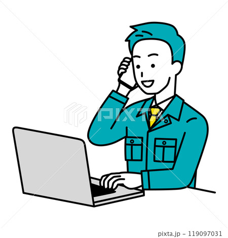 電話をしながらノートパソコンで仕事をしている作業員の男性 119097031