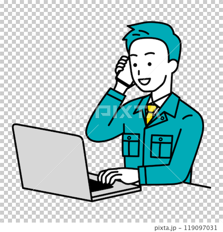 電話をしながらノートパソコンで仕事をしている作業員の男性 119097031
