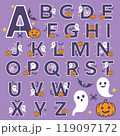 Halloween alphabet with cute ghosts, pumpkins, bat 119097172