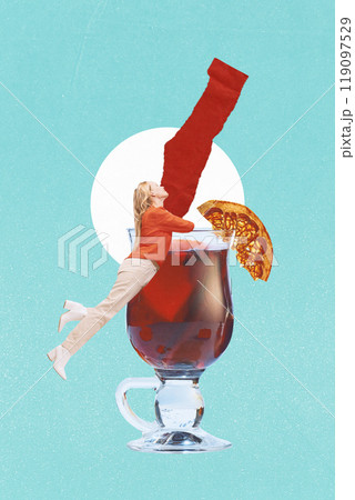 Contemporary art collage. Woman clings to rim of tall glass of mulled wine, oversized slice of dried orange adding to cozy and festive winter atmosphere. Contemporary art collage. Woman clings to rim of tall glass of mulled wine, oversized slice of dried orange adding to cozy and festive winter atmosphere. 119097529