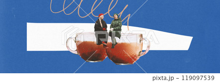 Contemporary art collage. Two women in winter clothes sit atop large cups of tea, sharing cozy moment. The warm hues of tea mirror warmth of their friendship. 119097539