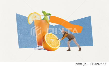 Contemporary art collage. Woman in winter attire pushing giant orange towards tall glass of refreshing juice. Fresh and healthy energy for cold season. 119097543