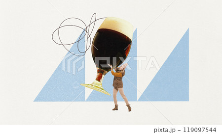 Contemporary art collage. Woman in winter clothes holding huge glass of stout beer. She ready to celebrate winter beer festivals. Concept of Winter holidays. 119097544
