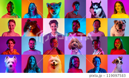 Collage made of portraits happy, smiling diverse people and different pets posing in neon light against vibrant background. Collage made of portraits happy, smiling diverse people and different pets posing in neon light against vibrant background. 119097583