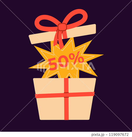 Shopping advertisement. Yellow promotional label with discount message inside opened gift box with bow. Isolated vector illustration 119097672