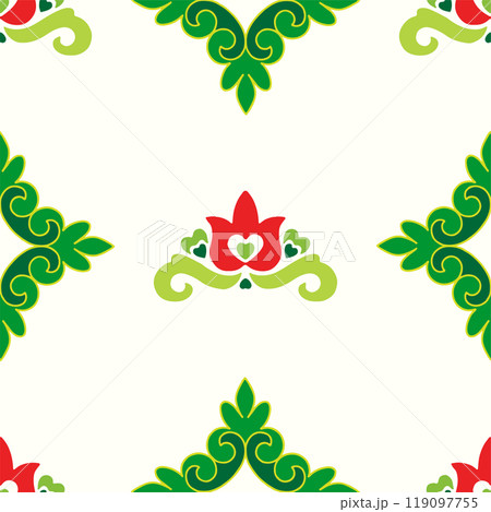 Tatar seamless pattern. Islamic tulip, floral geometry. Culture of the Tatar people, symbols of green and red. 119097755