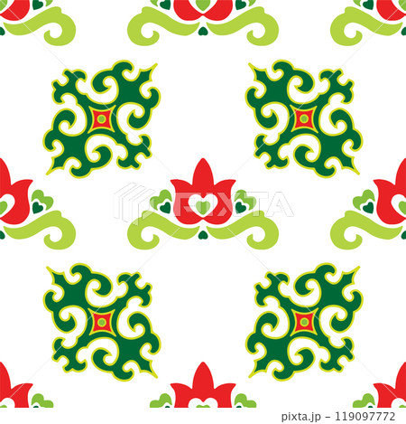 Tatar seamless pattern. Islamic tulip, floral geometry. Culture of the Tatar people, symbols of green and red. 119097772