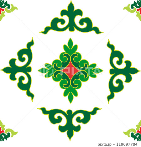 Tatar seamless pattern. Islamic tulip, floral geometry. Culture of the Tatar people, symbols of green and red. 119097784