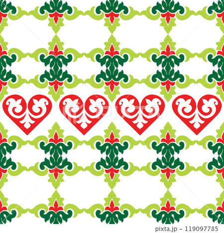 Tatar seamless pattern. Islamic tulip, floral geometry. Culture of the Tatar people, symbols of green and red. 119097785