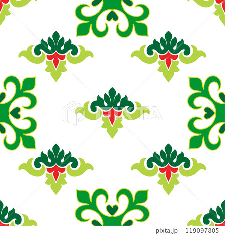 Tatar seamless pattern. Islamic tulip, floral geometry. Culture of the Tatar people, symbols of green and red. 119097805