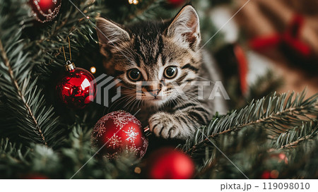 クリスマスツリーで遊ぶ子猫と赤いオーナメント 119098010