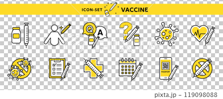 A set of medical icons and design materials, including viruses, vaccine intake, corona, injections, and vaccinations A set of medical icons and design materials, including viruses, vaccine intake, corona, injections, and vaccinations 119098088