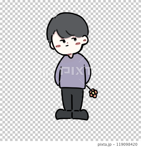 一個害羞的男孩背後拿著一朵花 一個害羞的男孩背後拿著一朵花 119098420