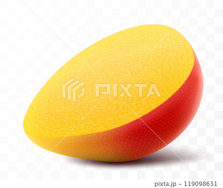 Half of a fresh juicy mango tropical fruit. Exotic mango fruit isolated on transparent background. Summer tropical vitamin food. Realistic 3d vector illustration 119098631