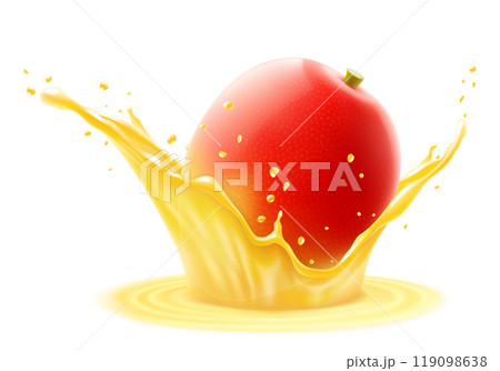 Fresh ripe exotic mango falls into a splash of juice, isolated .on white background. Realistic 3d vector illustration. Summer tropical vitamin food or drink. Mango smoothie splash, vitamin cocktail Fresh ripe exotic mango falls into a splash of juice, isolated .on white background. Realistic 3d vector illustration. Summer tropical vitamin food or drink. Mango smoothie splash, vitamin cocktail 119098638