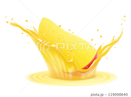 Fresh ripe exotic mango falls into a splash of juice, isolated .on white background. Realistic 3d vector illustration. Summer tropical vitamin food or drink. Mango smoothie splash, vitamin cocktail 119098640