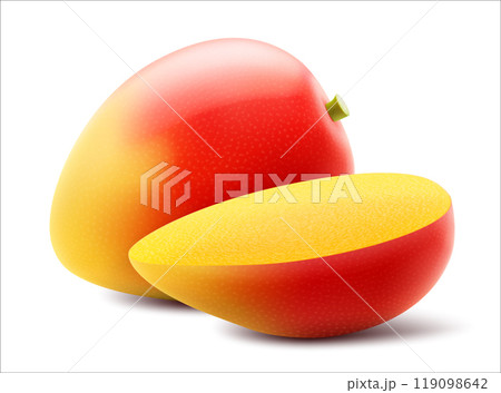 Fresh mango tropical fruit. Whole and slice exotic mango fruit isolated on transparent background. Summer tropical vitamin food. Realistic 3d vector illustration 119098642
