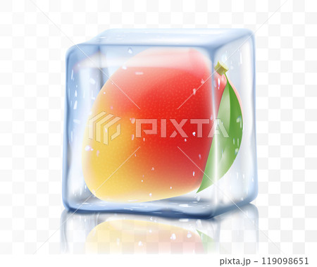 Fresh ripe mango fruit in ice cube isolated on transparent background Frozen tropical mango fruits. Realistic 3d vector illustration. Bright exotic summer design 119098651