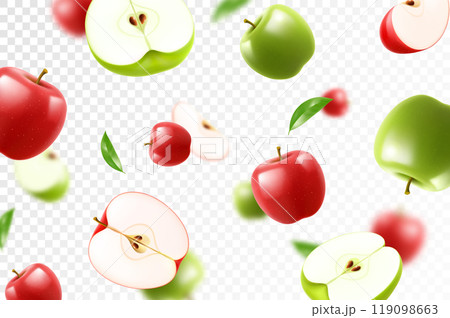 Flying red and green juicy apples. Bright background falling apples, realistic illustration with blurred effect. 3d vector design for advertising banners and web page design Flying red and green juicy apples. Bright background falling apples, realistic illustration with blurred effect. 3d vector design for advertising banners and web page design 119098663