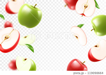 Flying red and green juicy apples. Bright background falling apples, realistic illustration with blurred effect. 3d vector design for advertising banners and web page design Flying red and green juicy apples. Bright background falling apples, realistic illustration with blurred effect. 3d vector design for advertising banners and web page design 119098664