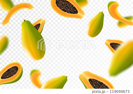 Flying ripe papaya. Bright advertising background falling juicy fruit papaya, realistic illustration with blurred effect. 3d vector design for advertising banners and web page design Flying ripe papaya. Bright advertising background falling juicy fruit papaya, realistic illustration with blurred effect. 3d vector design for advertising banners and web page design 119098673