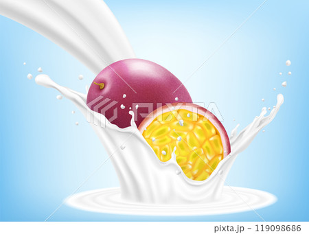 Exotic, tropical passion fruit in splash of yogurt or milk, cocktail splash with drops, Milkshake splash with ripe purple passion fruit. Realistic 3d vector illustration 119098686