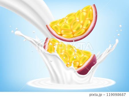 Exotic, tropical passion fruit in splash of yogurt or milk, cocktail splash with drops, Milkshake splash with ripe purple passion fruit. Realistic 3d vector illustration 119098687