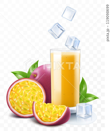 A glass of fresh passion fruit juice with passion fruit and ice cubes. Cup of cocktail or smoothie with ripe exotic passion fruit, isolated on transparent background. Realistic 3d vector illustration A glass of fresh passion fruit juice with passion fruit and ice cubes. Cup of cocktail or smoothie with ripe exotic passion fruit, isolated on transparent background. Realistic 3d vector illustration 119098699
