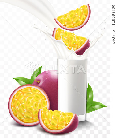 A glass of fresh passion fruit yogurt or milkshake. Cup of cocktail or milk with ripe exotic passion fruit, isolated on transparent background. Realistic 3d vector illustration 119098700