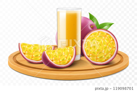 A glass of fresh passion fruit juice or smoothie with passion fruit on a wooden tray isolated on transparent background. Whole and pieces of ripe passion fruit on cutting board. Realistic 3d vector 119098701
