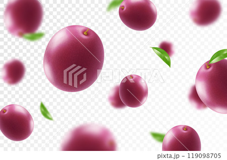 Flying ripe passion fruit. Bright advertising background falling juicy passion fruit, realistic illustration with blurred effect. 3d vector design for advertising banners and web page design 119098705