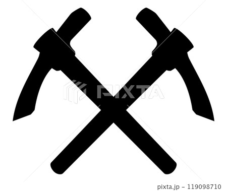 Crossed pickaxe hammers silhouette, isolated on white background. Hand percussion tool for master stonemasons, builders, sculptors for processing various types of stone. Black icon vector illustration 119098710